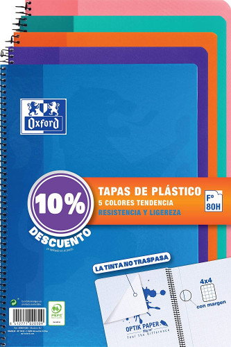 Oxford Pack 5 Cuadernos Espiral Folio 80 Hojas 4x4mm Colores Tendencia