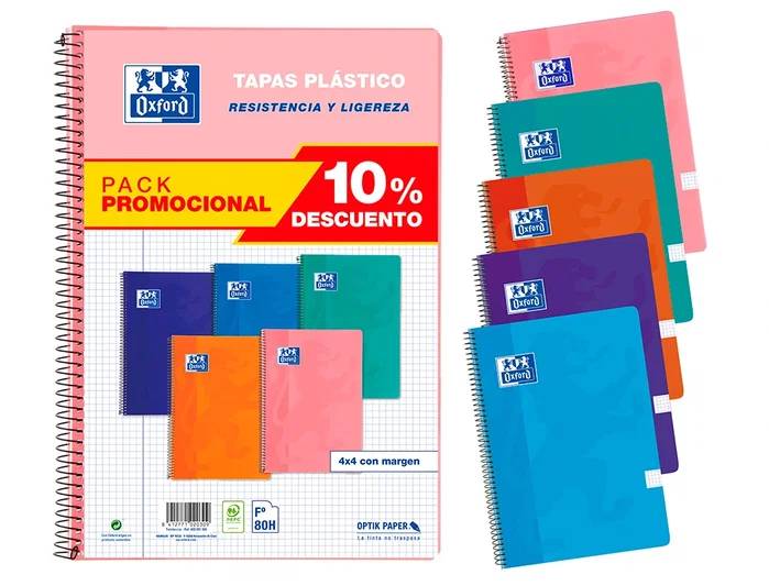 Oxford Pack 5 Cuadernos Espiral Folio 80 Hojas 4x4mm Colores Tendencia