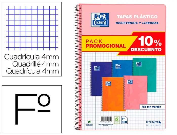Oxford Pack 5 Cuadernos Espiral Folio 80 Hojas 4x4mm Colores Tendencia
