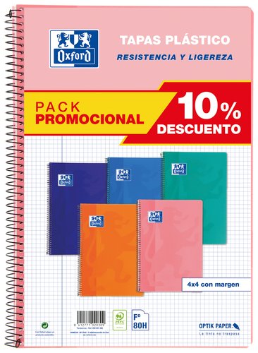 Oxford Pack 5 Cuadernos Espiral Folio 80 Hojas 4x4mm Colores Tendencia