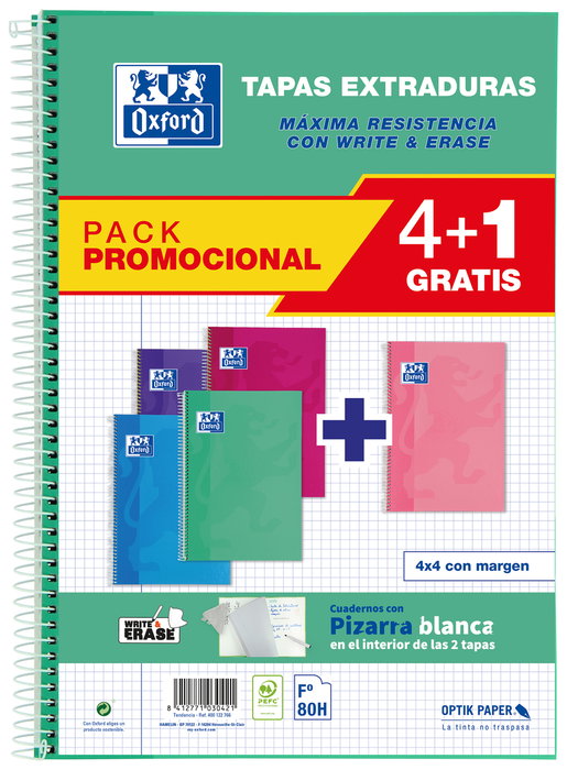 Oxford Pack 4+1 Cuadernos Espiral Write&Erase Folio 80 Hojas Cuadro 4x4 mm Colores Tendencia