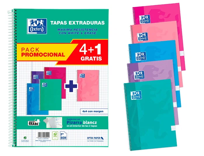 Oxford Cuaderno Espiral Write&Erase Folio 80 Hojas 4x4mm Pack 4+1 Colores Tendencia Oxford Cuaderno Espiral Write&Erase Folio 80 Hojas 4x4mm Pack 4+1 Colores Tendencia