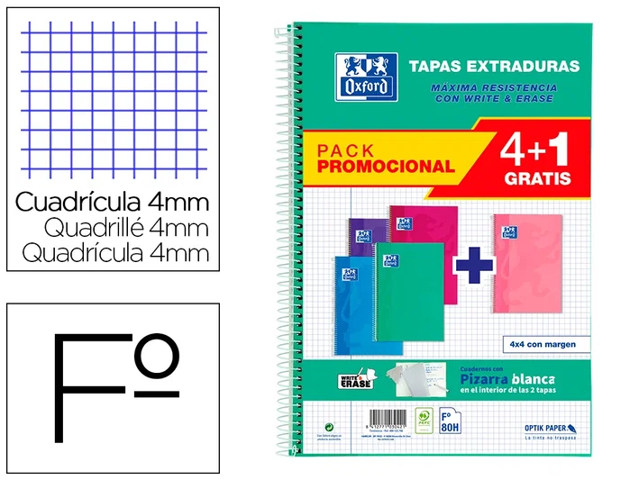 Oxford Cuaderno Espiral Write&Erase Folio 80 Hojas 4x4mm Pack 4+1 Colores Tendencia Oxford Cuaderno Espiral Write&Erase Folio 80 Hojas 4x4mm Pack 4+1 Colores Tendencia
