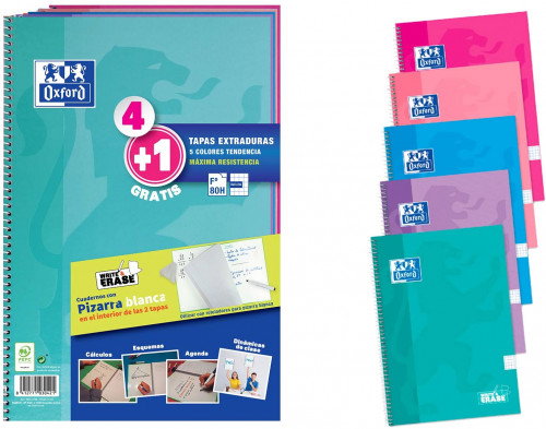 Oxford Cuaderno Espiral Write&Erase Folio 80 Hojas 4x4mm Pack 4+1 Colores Tendencia Oxford Cuaderno Espiral Write&Erase Folio 80 Hojas 4x4mm Pack 4+1 Colores Tendencia