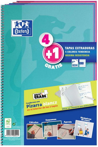 Oxford Cuaderno Espiral Write&Erase Folio 80 Hojas 4x4mm Pack 4+1 Colores Tendencia Oxford Cuaderno Espiral Write&Erase Folio 80 Hojas 4x4mm Pack 4+1 Colores Tendencia