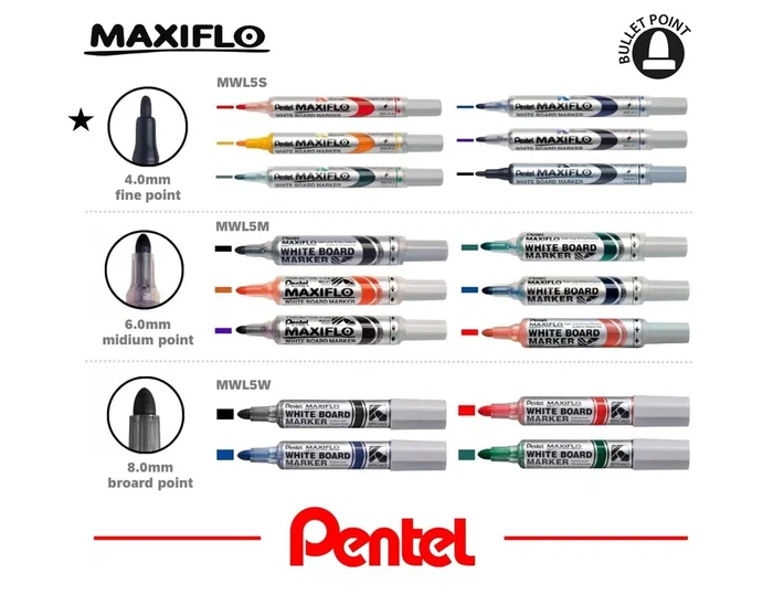 Pentel Marcador Pizarra Blanca Maxiflo MWL-5S Azul (Caja de 12 unidades)
