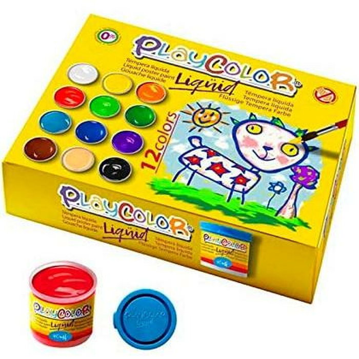 Playcolor Set de 12 Botes de Témpera Líquida de 40 ml con Pincel, Colores Surtidos