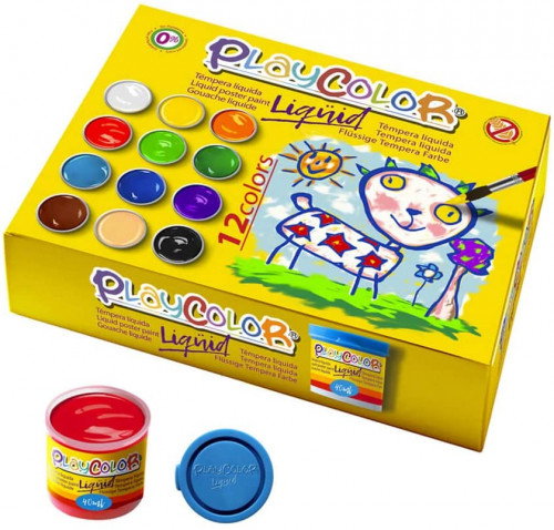 Playcolor Set de 12 Botes de Témpera Líquida de 40 ml con Pincel, Colores Surtidos