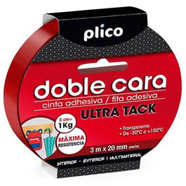Plico Cinta Adhesiva Transparente Doble Cara Ultra Tack Multimateriales Rollo 20 mm X 3M Soporta 1kg Por Metro Lineal