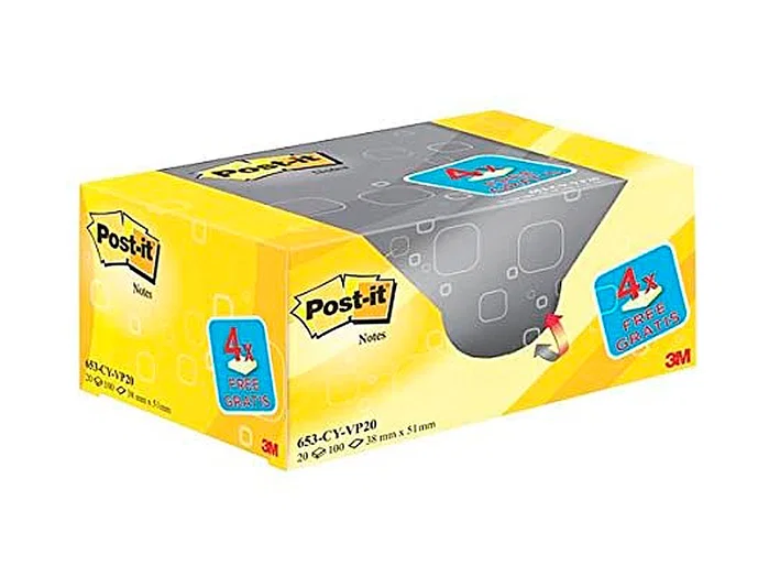 Post-it Bloc de Notas Adhesivas 654 76x76 mm Amarillo Canario Pack de 20 Post-it Bloc de Notas Adhesivas 654 76x76 mm Amarillo Canario Pack de 20