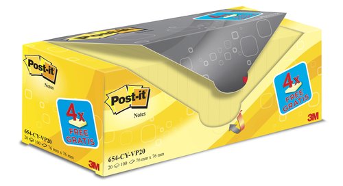 Post-it Bloc de Notas Adhesivas 654 76x76 mm Amarillo Canario Pack de 20 Post-it Bloc de Notas Adhesivas 654 76x76 mm Amarillo Canario Pack de 20