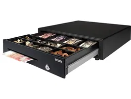 Safescan Cajón Portamonedas SD-4141 Negro Eléctrico con 4 Compartimentos para Billetes y 8 para Monedas, Ranura de Seguridad, RJ12 (12V), Cerradura 3 Posiciones