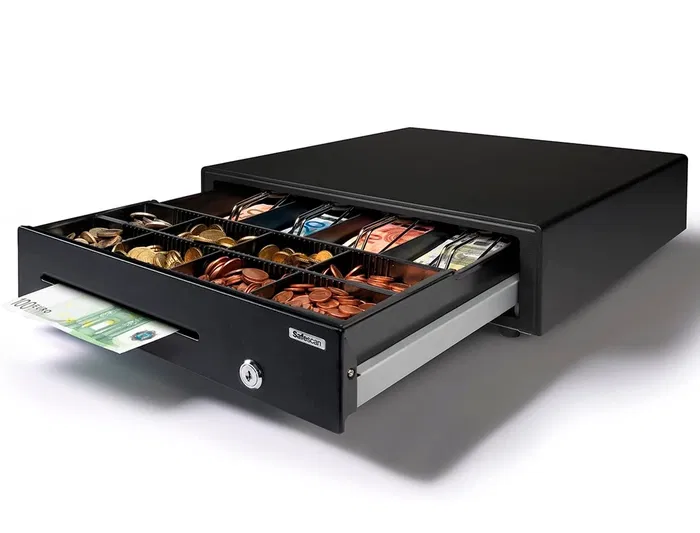 Safescan Cajón Portamonedas SD-4141 Negro Eléctrico con 4 Compartimentos para Billetes y 8 para Monedas, Ranura de Seguridad, RJ12 (12V), Cerradura 3 Posiciones