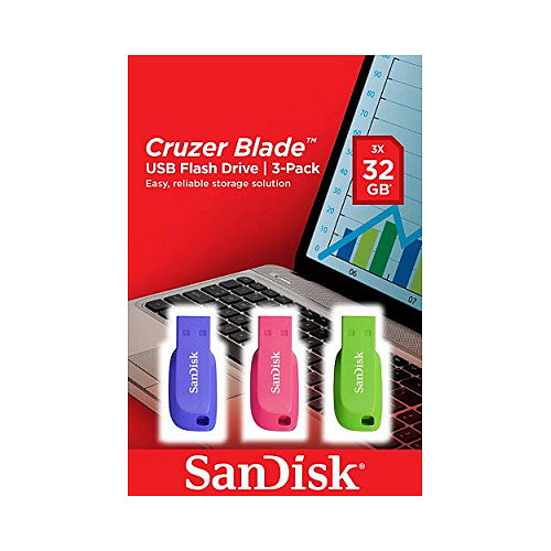 SanDisk Cruzer Blade 32GB Pack de 3, USB 2.0, Azul/Verde/Rosa