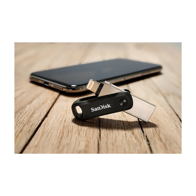 SanDisk 00183589 iXpand Go 256GB - Pendrive USB 3.2 Gen 1 y conector Lightning para iPhone, iPad - Giratorio, color Negro/Plata