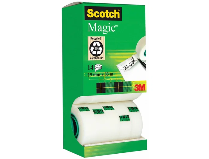 Scotch Cinta Adhesiva Magic Invisible Transparente 33 m x 19 mm - Pack de 14 Unidades - Ideal para Embalaje, No Amarillea y Es Escribible