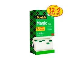 Scotch Cinta Adhesiva Magic Invisible Transparente 33 m x 19 mm - Pack de 14 Unidades - Ideal para Embalaje, No Amarillea y Es Escribible