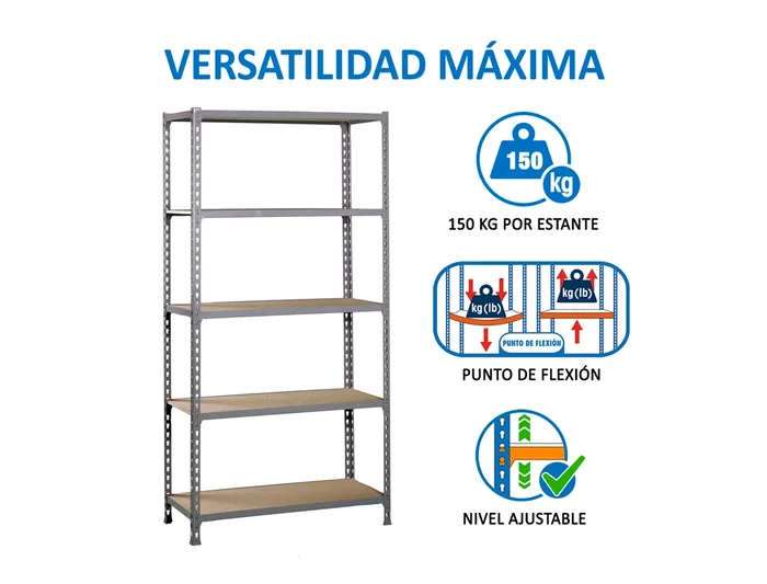 Simonrack Kit Maderclick Mini 5/400 Estantería Metálica Gris/Madera 5 Estantes 150 kg por Estante 180x80x40cm