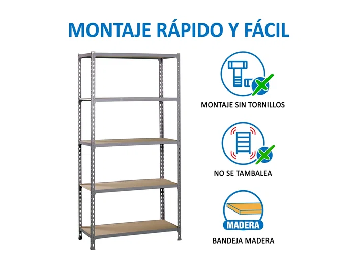 Simonrack Kit Maderclick Mini 5/400 Estantería Metálica Gris/Madera 5 Estantes 150 kg por Estante 180x80x40cm