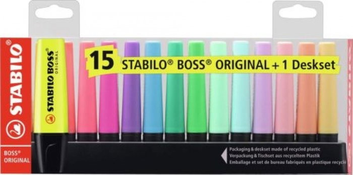 Stabilo Boss Original Set de Escritorio con 15 Marcadores (9 Fluorescentes y 6 Pastel)