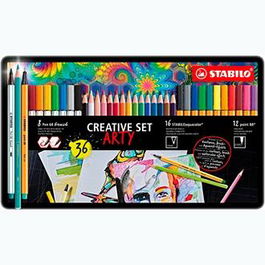 Stabilo Set Creativo Arty Rotuladores 12 Point 88 + 8 Pen 68 Brush + 16 Aquacolor Caja Metal 36 Ud