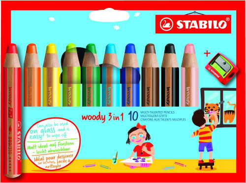 Stabilo woody 3 en 1 Estuche de 10 Lápices de Colores Surtidos con Sacapuntas