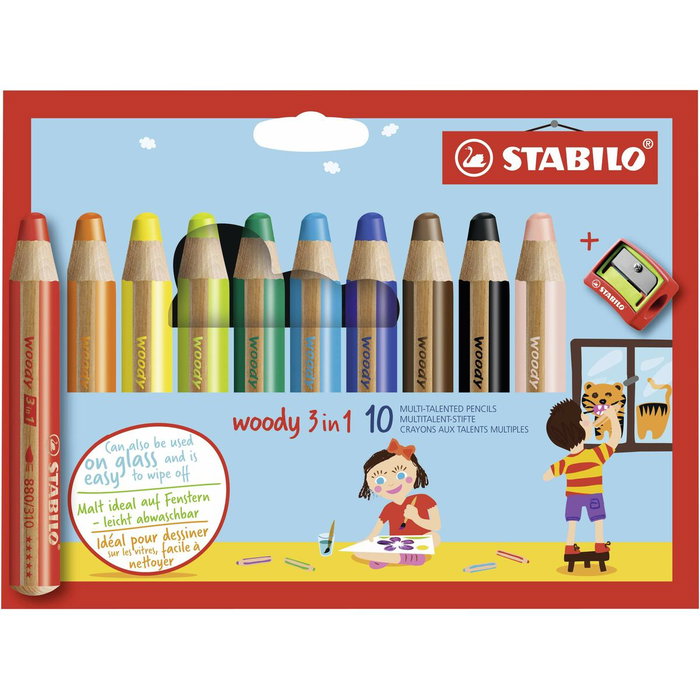 Stabilo woody 3 en 1 Estuche de 10 Lápices de Colores Surtidos con Sacapuntas