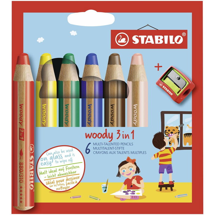 Stabilo Woody 3 en 1 Lápices de Colores Surtidos con Sacapuntas, Estuche de 6 Unidades