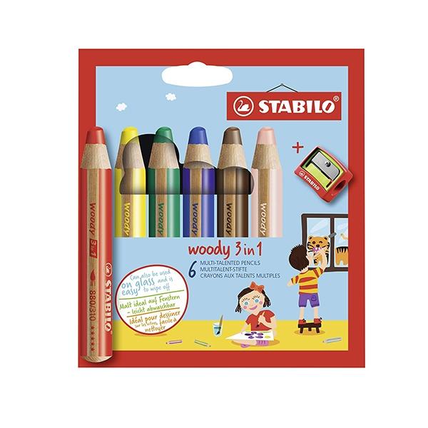 Stabilo Woody 3 en 1 Lápices de Colores Surtidos con Sacapuntas, Estuche de 6 Unidades