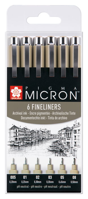 Sakura Pigma Micron Estuche de 6 Rotuladores de Punta Fina Negro
