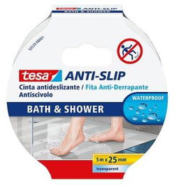 Tesa Cinta Adhesiva Antideslizante para Baño, Transparente, 25 mm de Ancho x 5 m de Largo (Rollos de 6 unidades)