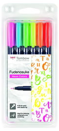 Rotulador Tombow Caligrafia Fudenosuke Punta Dura Estuche De 6 (Colores Neon: Rosa, Amarillo, Verde, Naranja, Rojo Y Azul)