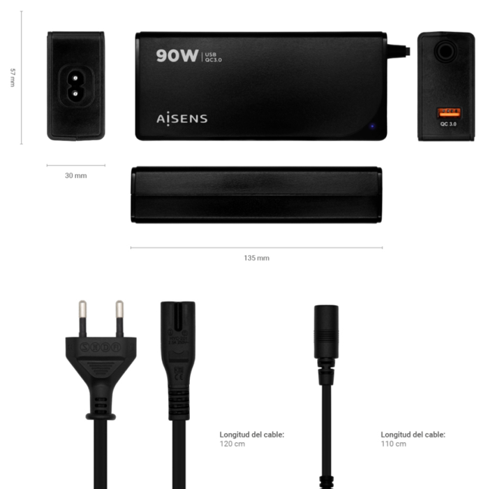 Aisens Cargador Universal 90W Automático con 12 Conectores y USB-A QC3.0