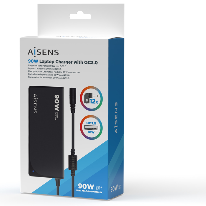 Aisens Cargador Universal 90W Automático con 12 Conectores y USB-A QC3.0