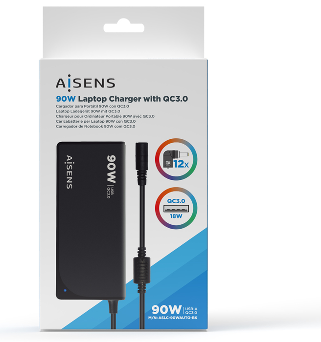 Aisens Cargador Universal 90W Automático con 12 Conectores y USB-A QC3.0