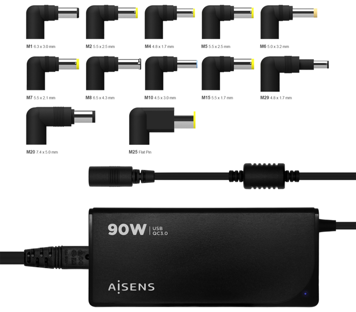 Aisens Cargador Universal 90W Automático con 12 Conectores y USB-A QC3.0
