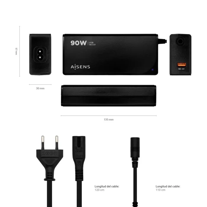 Aisens Cargador Universal 90W con 12 Conectores y USB-A QC3.0