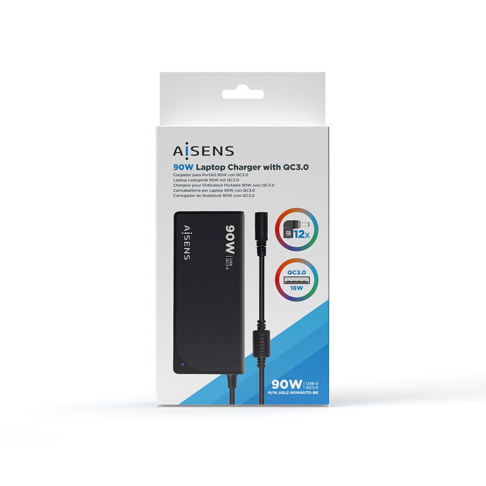 Aisens Cargador Universal 90W Automático con 12 Conectores y USB-A QC3.0