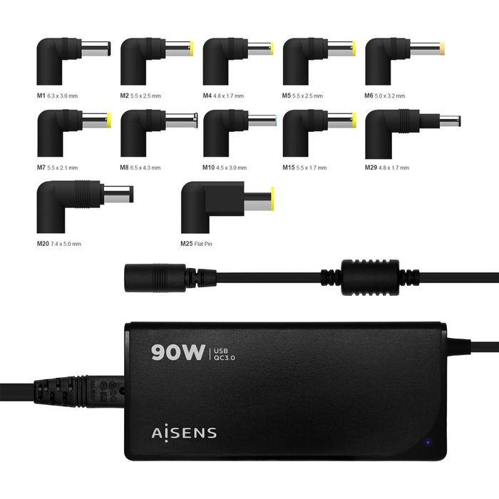 Aisens Cargador Universal 90W Automático con 12 Conectores y USB-A QC3.0
