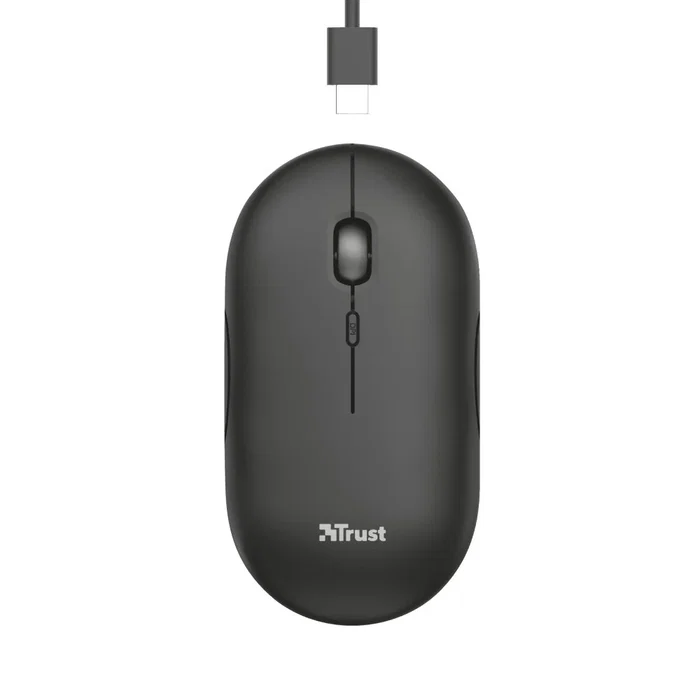 Trust Puck Ratón Inalámbrico Oficina Ultrafino, Bluetooth y RF, Ambidiestro, Botones Silenciosos, Batería Recargable USB-C, 800/1200/1600 DPI, Color Negro