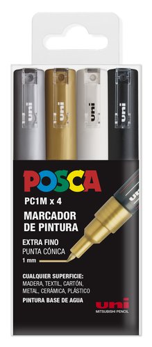 Uni-Ball Posca Estuche de 4 Marcadores PC-1M Punta Fina 0,7 mm Colores Metálicos Surtidos