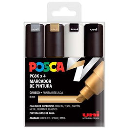 POSCA Marcador PC-8K-4C No Permanente Punta Biselada 8.0 mm Colores Surtidos -Estuche 4U- (Oro, Plata, Blanco, Negro)