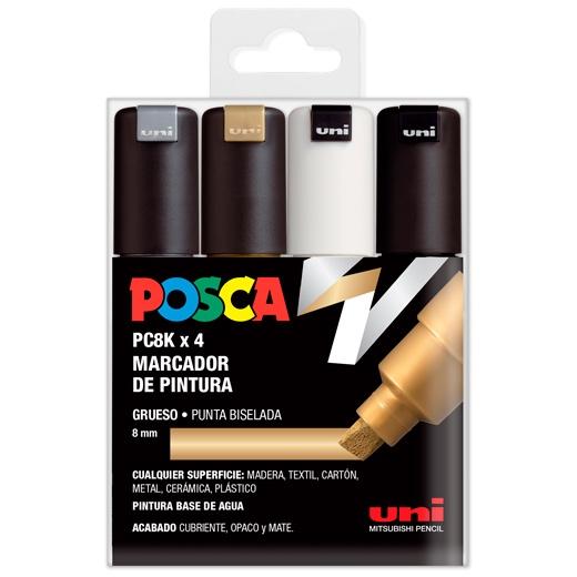 POSCA Marcador PC-8K-4C No Permanente Punta Biselada 8.0 mm Colores Surtidos -Estuche 4U- (Oro, Plata, Blanco, Negro) POSCA Marcador PC-8K-4C No Permanente Punta Biselada 8.0 mm Colores Surtidos -Estuche 4U- (Oro, Plata, Blanco, Negro)