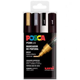 POSCA Marcador PC-5M Paint Markers, No Permanente, 1.8-2.5mm, Estuche 4 Unidades, Colores Surtidos (Oro, Plata, Blanco, Negro)