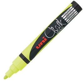 Uni-Ball Marcador de Tiza Líquida Chalk PWE-5 M Color Amarillo Fluorescente, Trazo Ancho, Borrable en Húmedo, Ideal para Pizarras, Caja de 6 Unidades