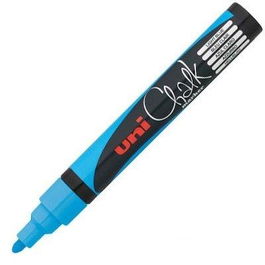 Uni-Ball PWE-5 Marcador de Tiza Líquida Chalk, Color Azul Claro, Caja de 6 Unidades, Borrable en Húmedo para Pizarras, Vidrio y Exteriores