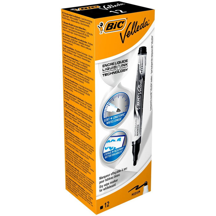 Bic Velleda Liquid Ink Pocket Marcador para Pizarra Blanca Negro Caja de 12 Unidades