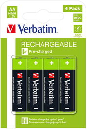 Verbatim Pilas Recargables Premium HR6 AA, 1.2V, 2500mAh, Pack de 4