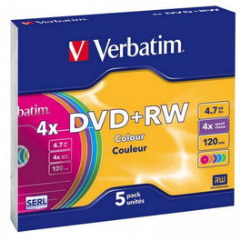 Verbatim DVD+RW 4.7GB 4X Paquete de 5 con Fundas Slim, Superficie de 5 Colores
