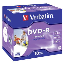 Verbatim DVD+R 4.7GB 16X Pack de 10 con Jewel Case e Inkjet Printable